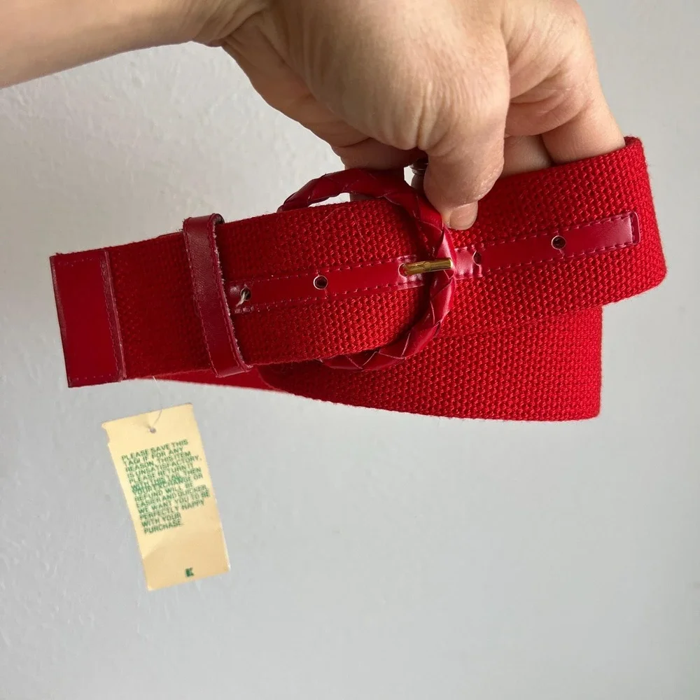 Vintage Red Woven Canvas Belt Braided Leather Buckle 70s‎ 80s